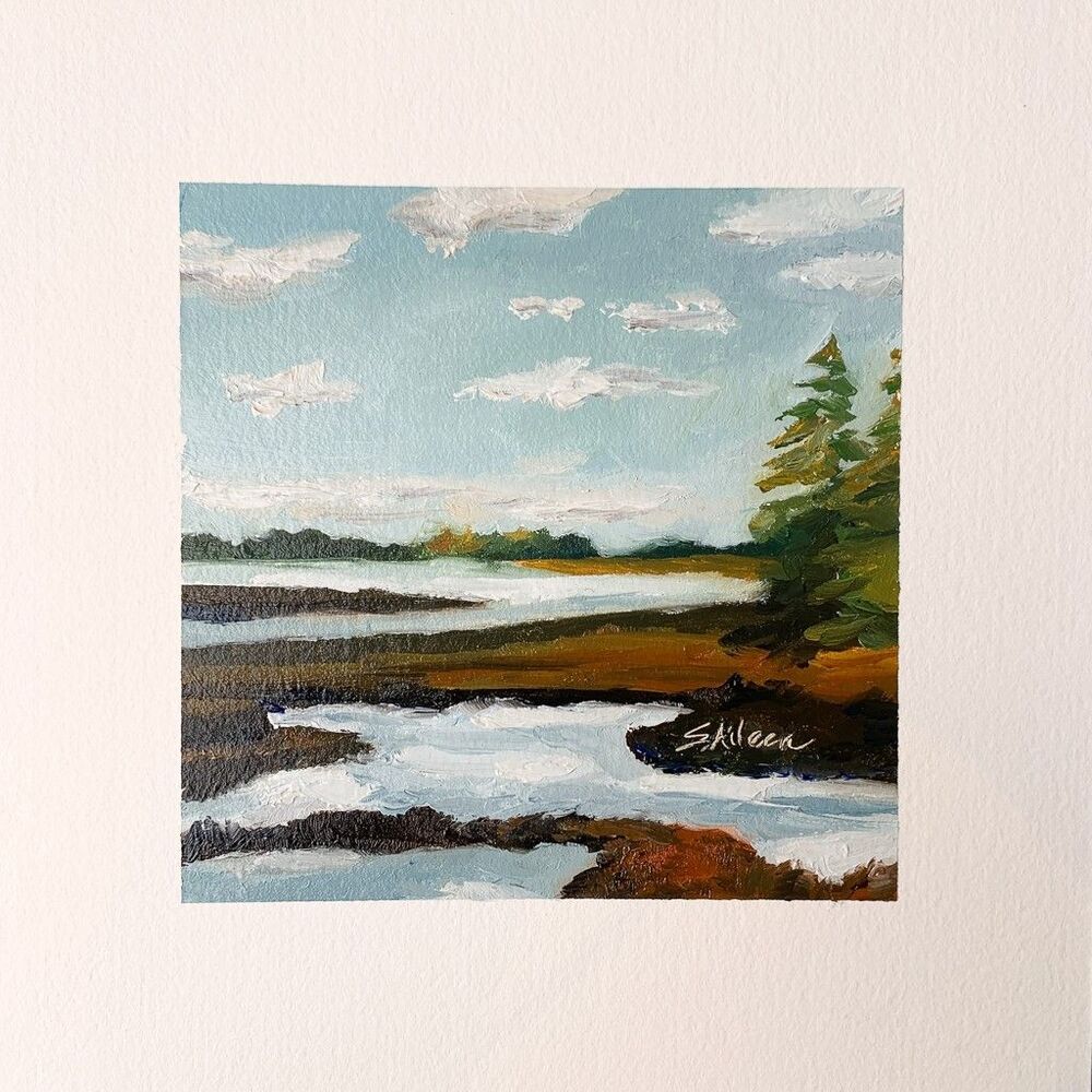 8x8 Maine Original Oil Painting Acadia National Park Coastal Marsh Art Signed